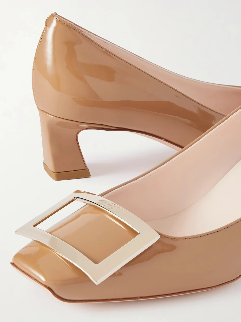 Close-up detail of the Roger Vivier Trompette 45 Patent-leather Pumps