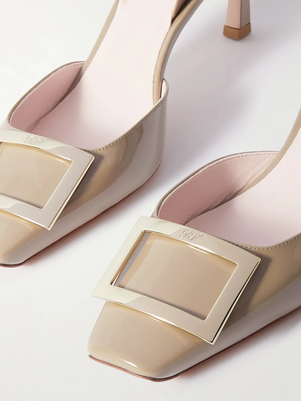 Close-up detail of the Roger Vivier Trompette 70 Patent-leather Slingback Pumps