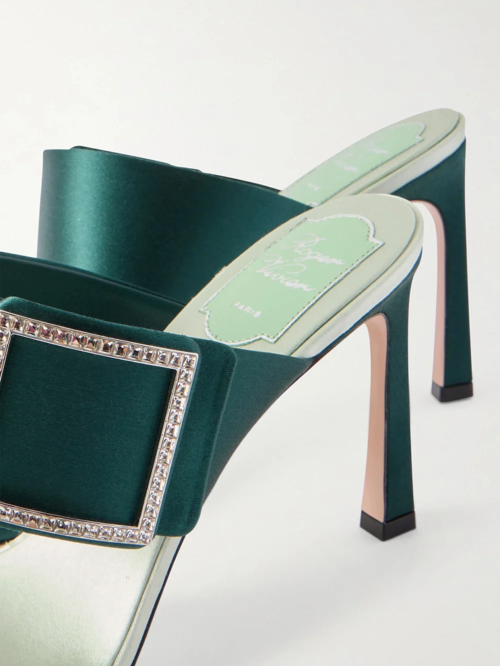 Close-up detail of the Roger Vivier Trompette 85 Crystal-embellished Satin Mules