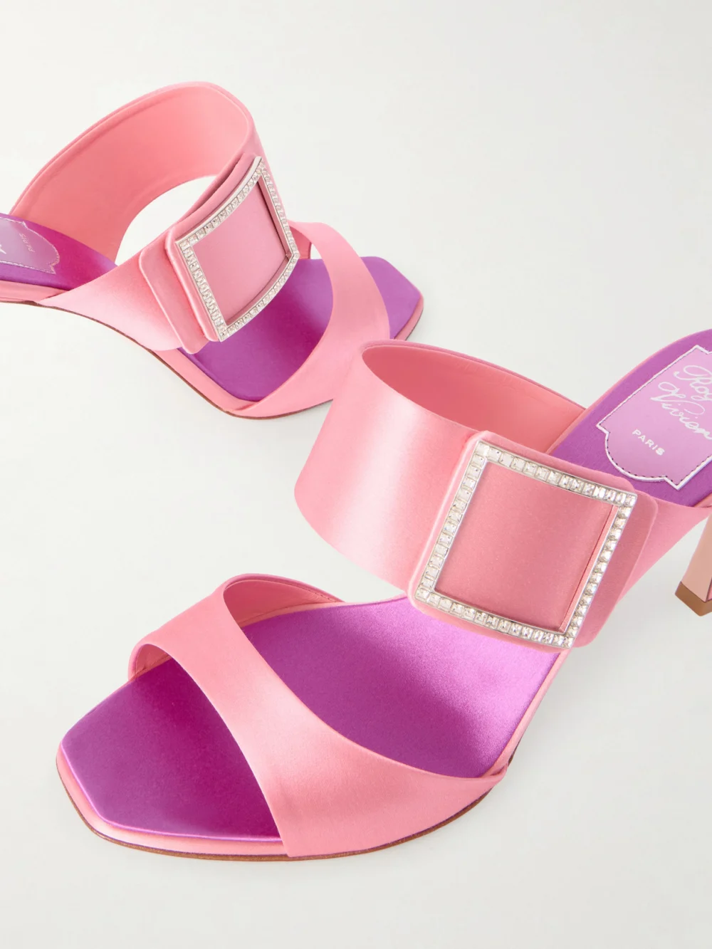Close-up detail of the Roger Vivier Trompette 85 Crystal-embellished Satin Mules