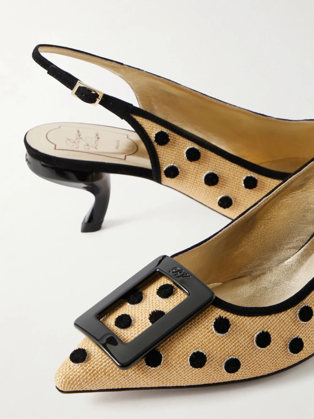 Close-up detail of the Roger Vivier Virgule 55 Suede-trimmed Polka-dot Slingback Pumps