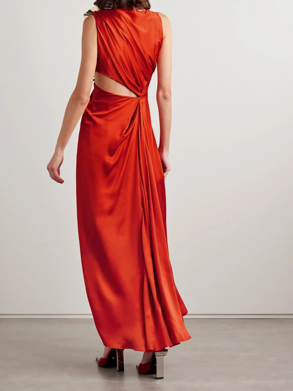 Back view of the Roksanda Fauna Cutout Embellished Gathered Silk-satin Maxi Dress