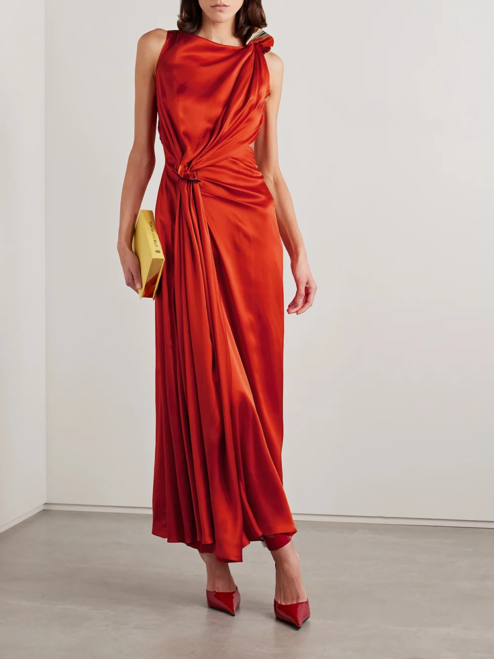 Roksanda Fauna Cutout Embellished Gathered Silk-satin Maxi Dress, worn by a model