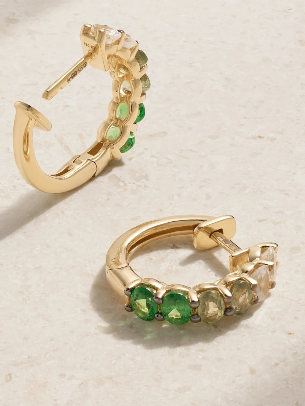 Close-up detail of the Roxanne First 14-karat Gold Sapphire Hoop Earrings
