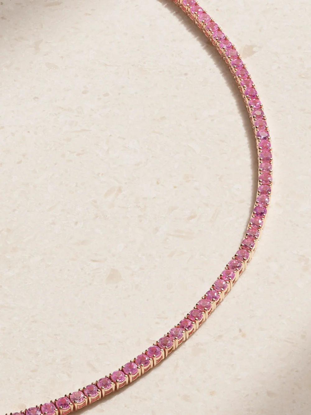 Close-up detail of the Roxanne First 14-karat Gold Sapphire Tennis Necklace