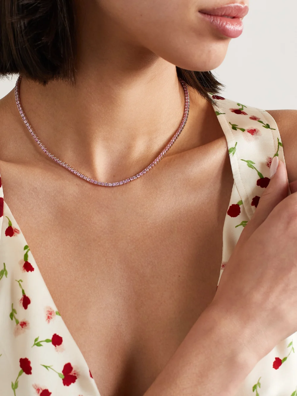 Roxanne First 14-karat Gold Sapphire Tennis Necklace, styled view