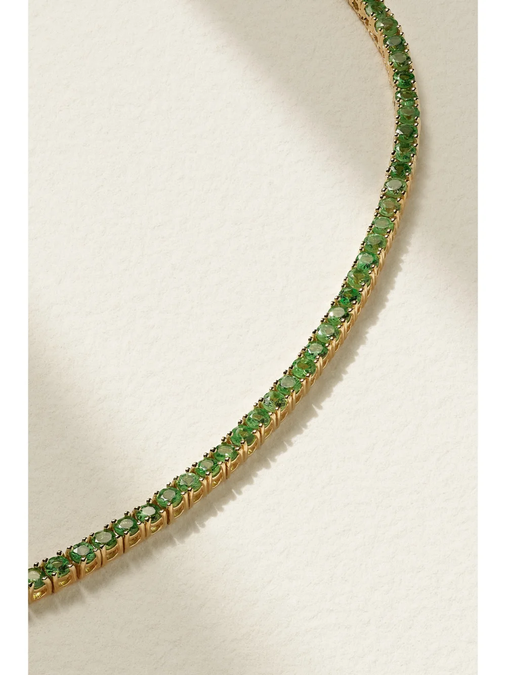 Close-up detail of the Roxanne First 14-karat Gold Tsavorite Tennis Necklace