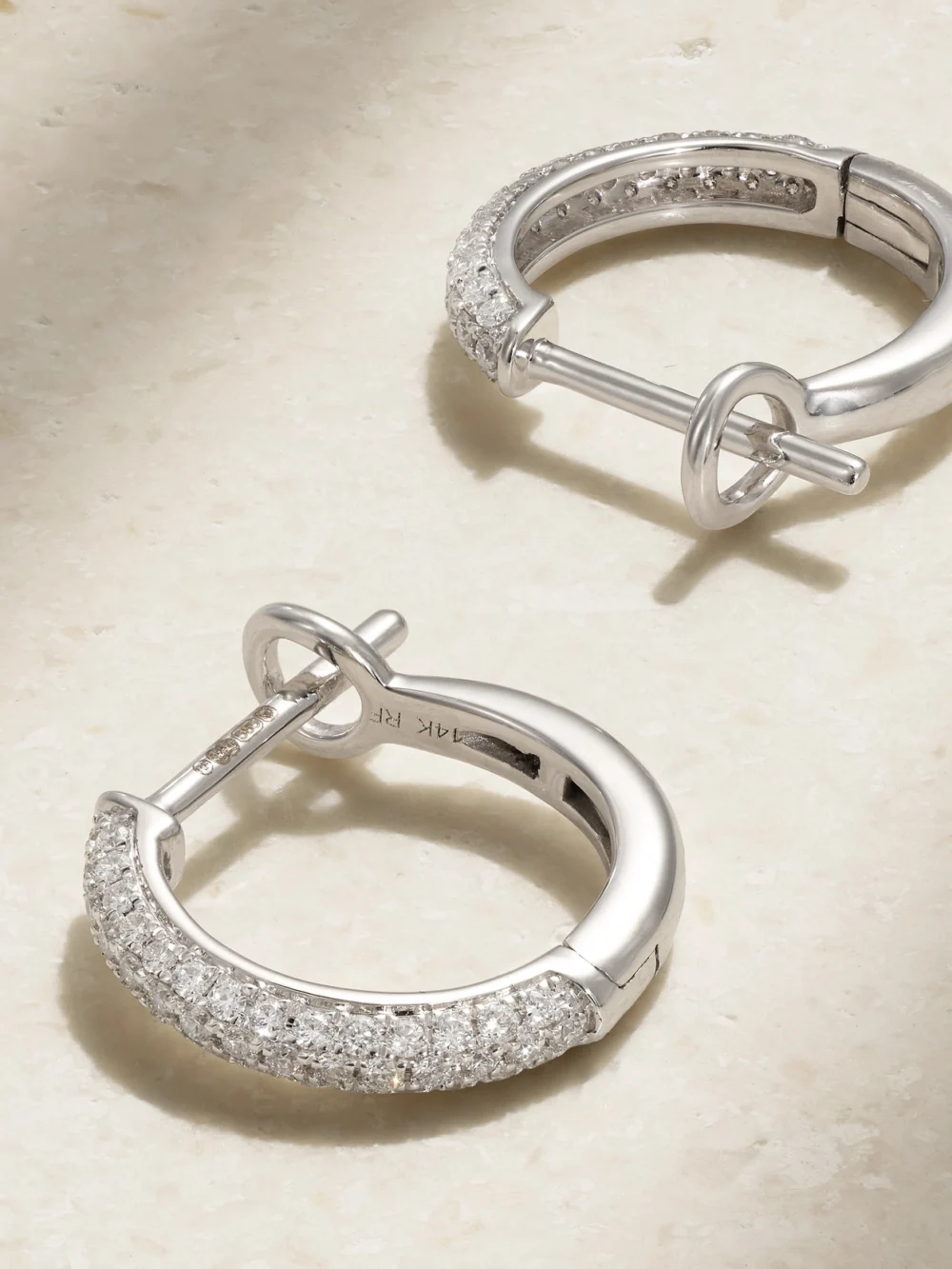 Close-up detail of the Roxanne First 14-karat White Gold Diamond Hoop Earrings