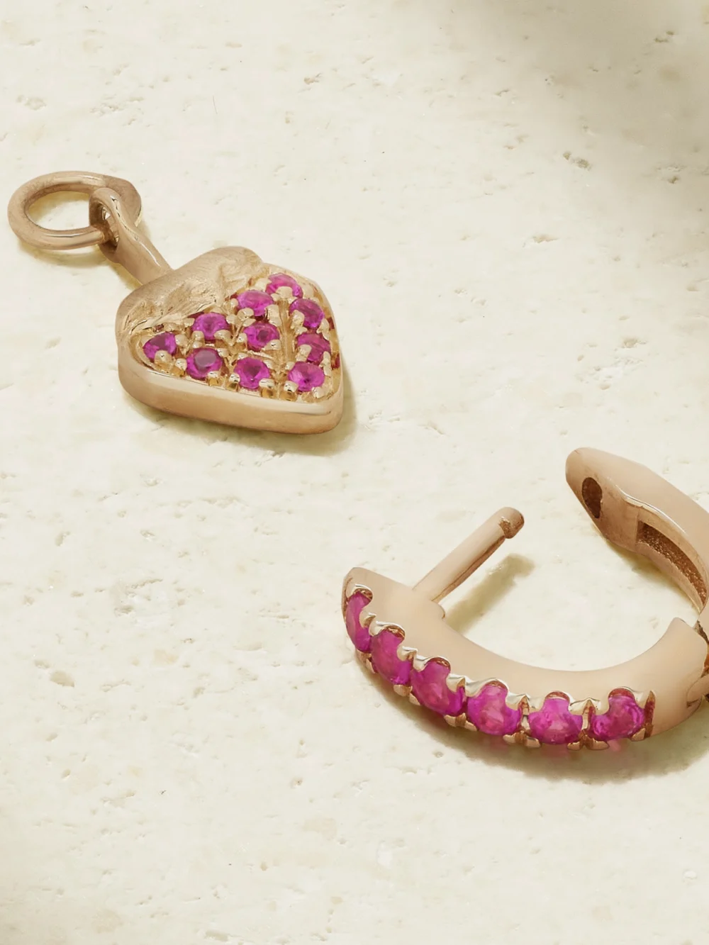 Close-up detail of the Roxanne First Dangly 14-karat Gold Sapphire and Ruby Single Earring