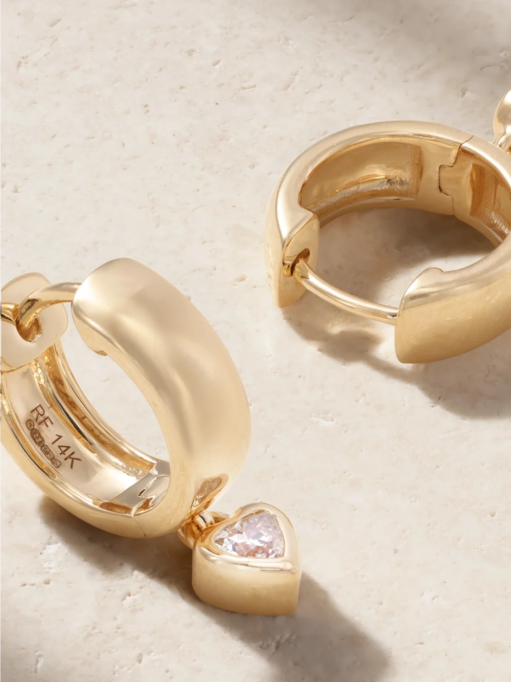 Close-up detail of the Roxanne First Everyday Drop 14-karat Gold Diamond Hoop Earrings