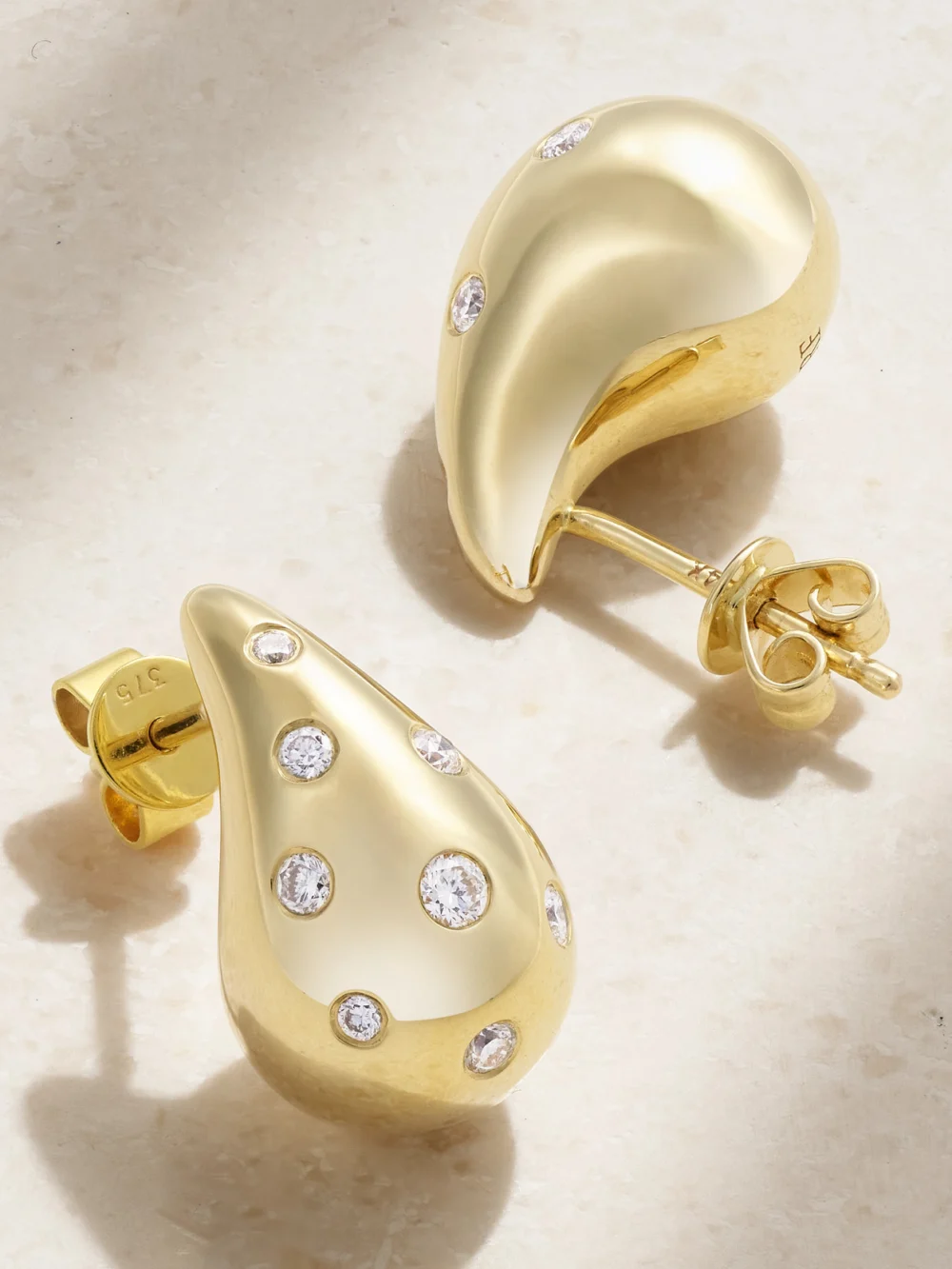 Close-up detail of the Roxanne First Happy Tears 14-karat Gold Diamond Earrings