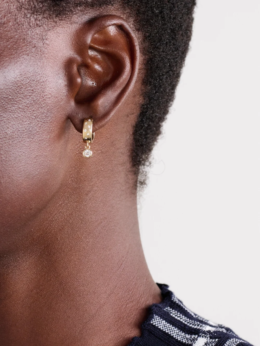 Roxanne First Polka-dot Drop 14-karat Gold Diamond Hoop Earrings, styled view