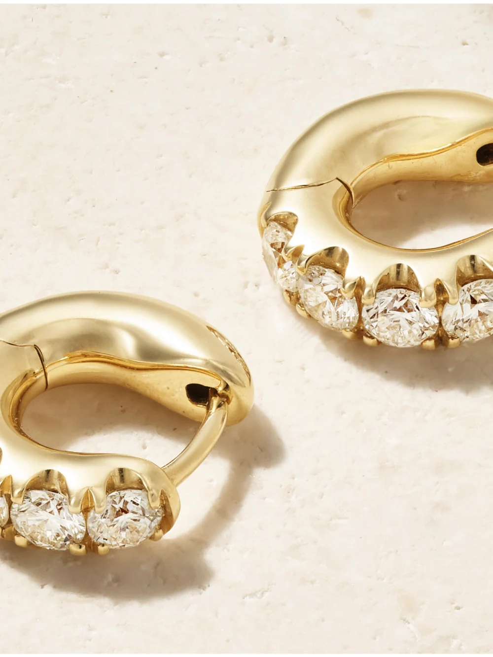 Close-up detail of the Roxanne First Super Duper 14-karat Gold Diamond Hoop Earrings