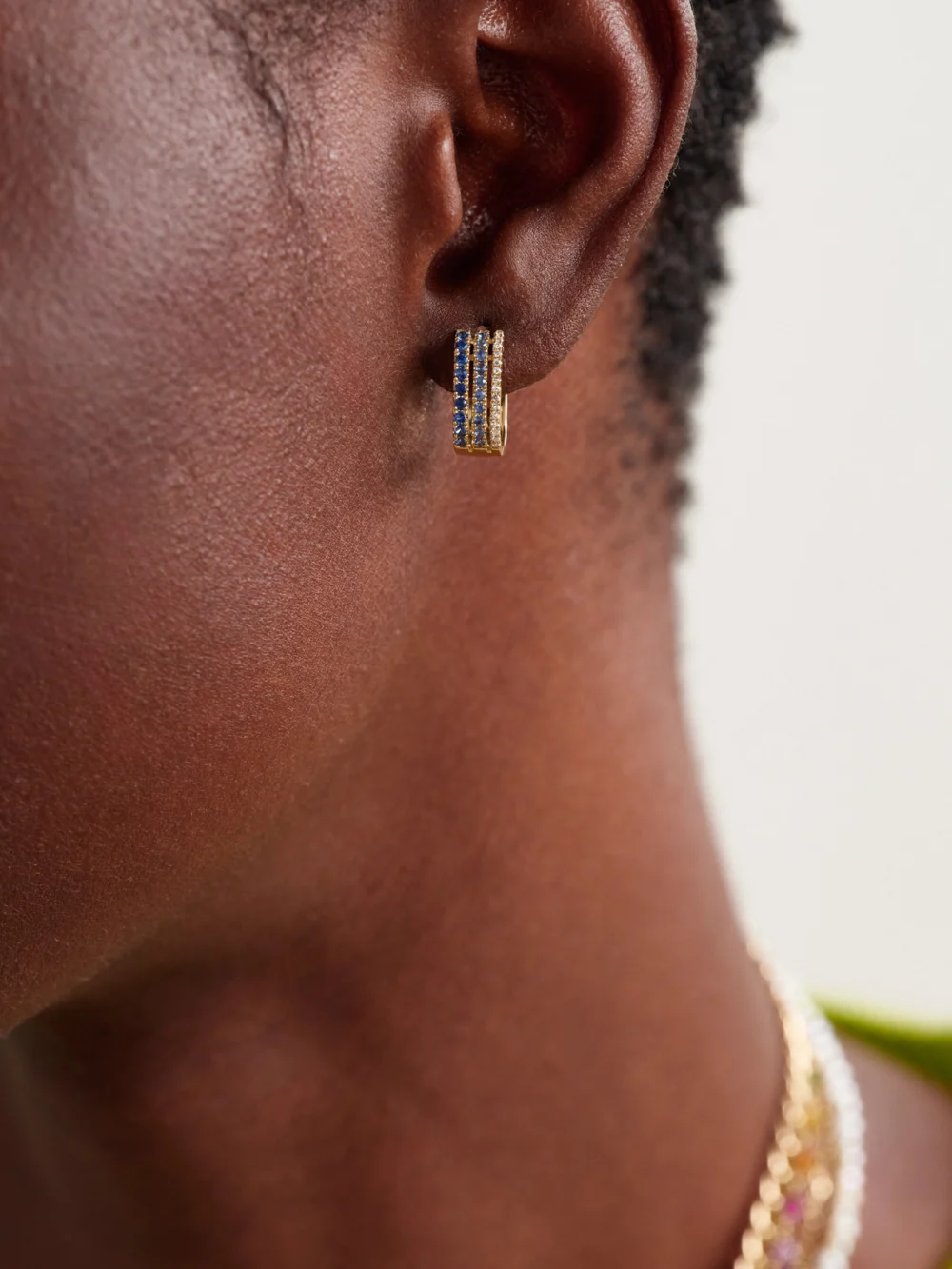 Roxanne First Triple 14-karat Gold, Sapphire and Diamond Hoop Earrings, styled view