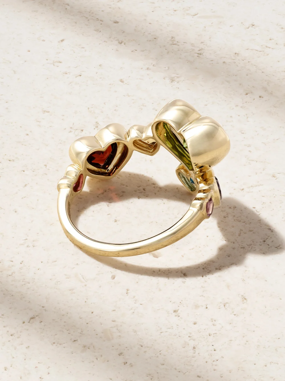 Back view of the Roxanne First Twisted Heart Stack 14-karat Gold Multi-stone Ring