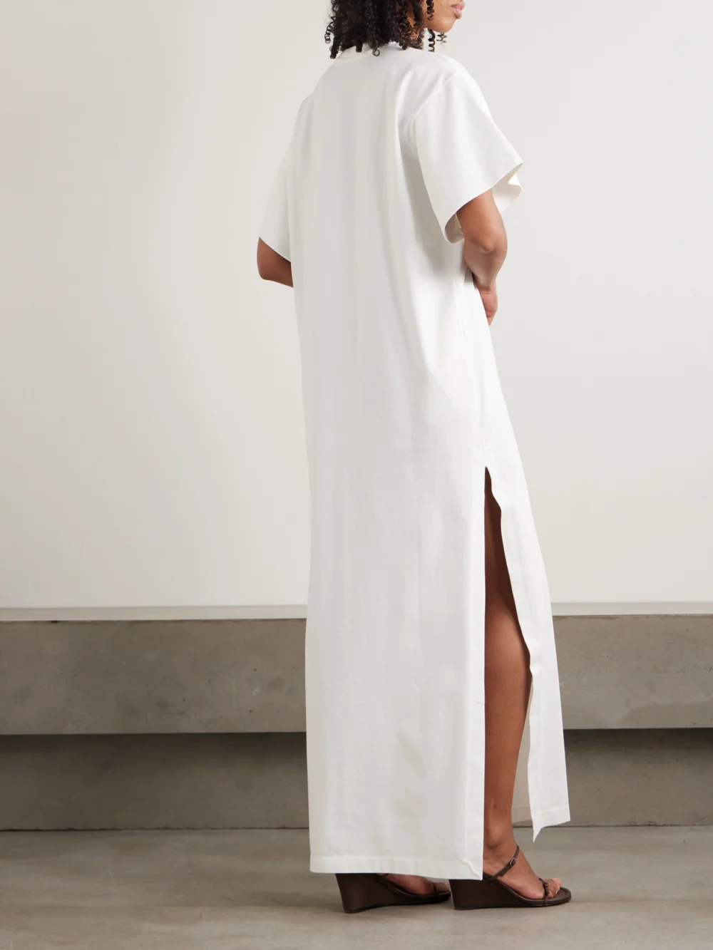 Back view of the Rùadh Braun Embroidered Organic Cotton-jersey Maxi Dress