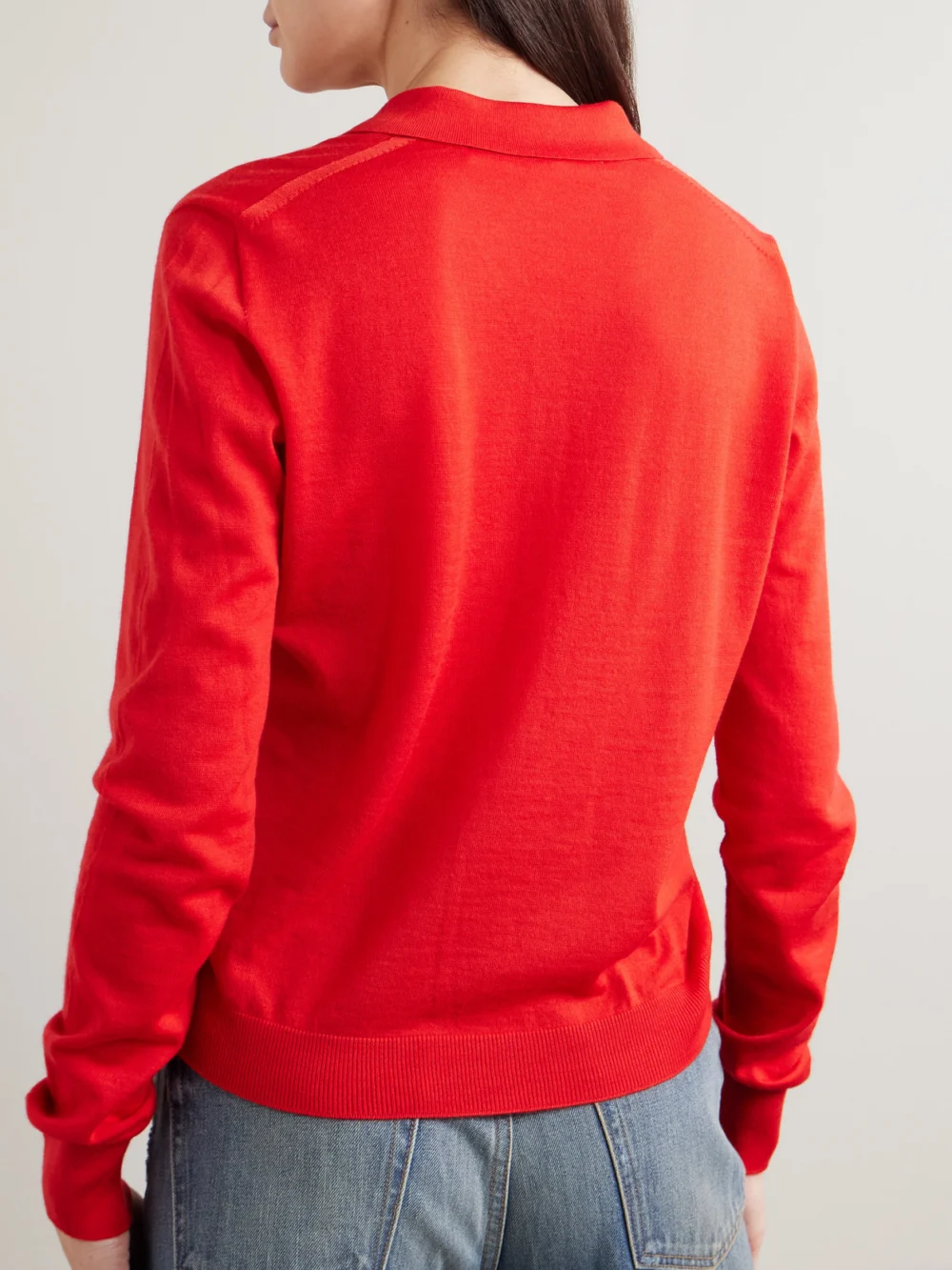 Back view of the Rùadh Dea Embroidered Merino Wool Polo Sweater