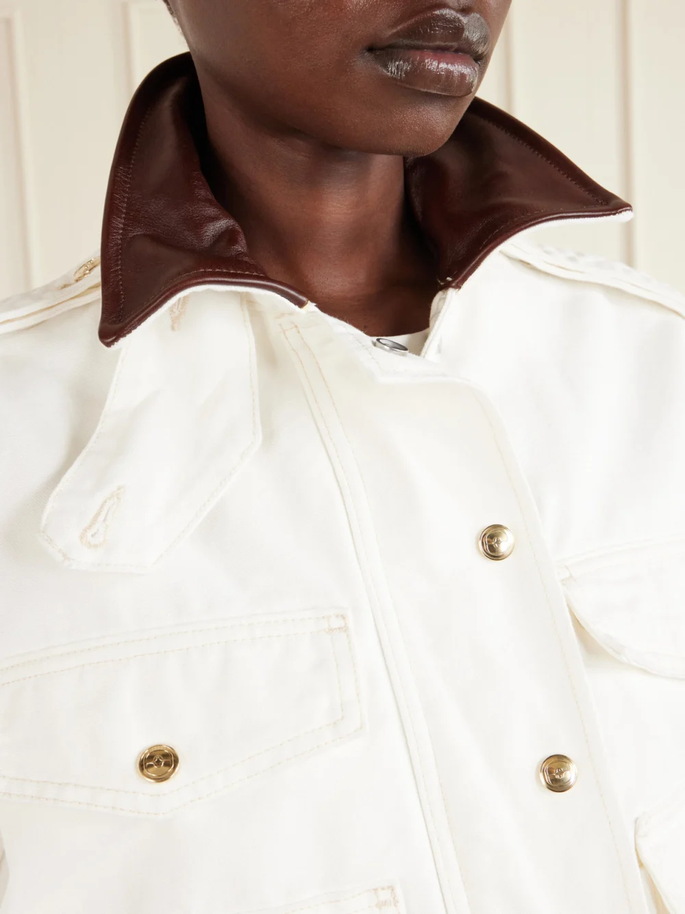 Close-up detail of the Rùadh Henderson Leather-trimmed Regenerative Cotton-canvas Jacket