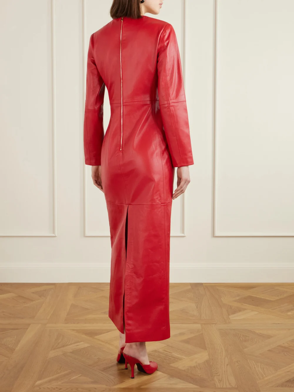 Back view of the Rùadh The Adris Leather Maxi Dress