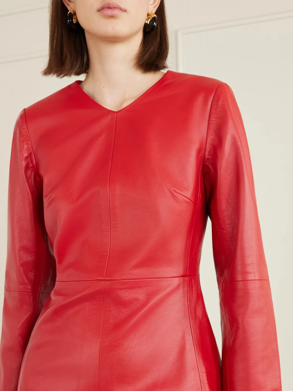 Close-up detail of the Rùadh The Adris Leather Maxi Dress