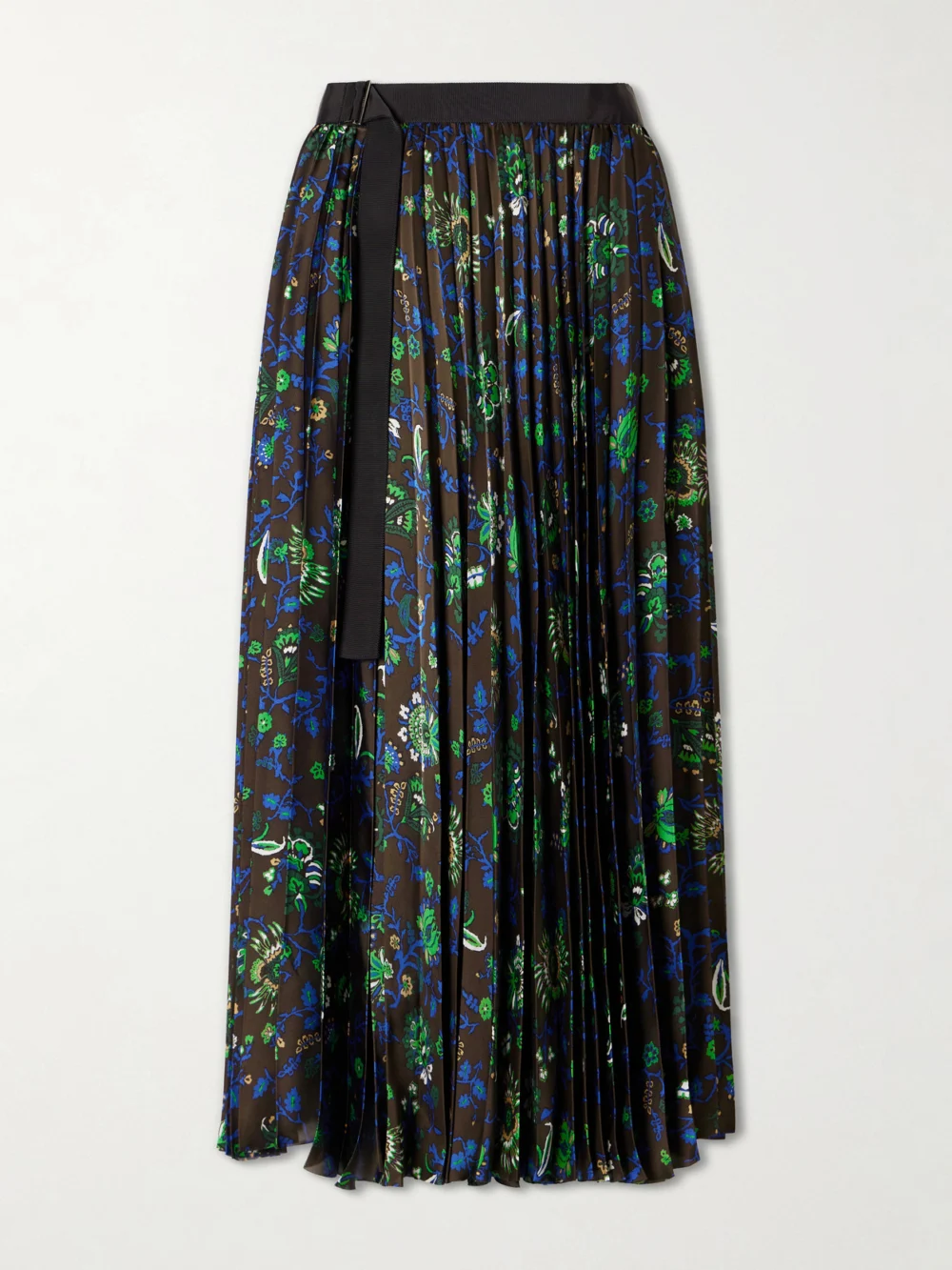 Sacai Belted Grosgrain-trimmed Pleated Floral-print Georgette Midi Skirt in black