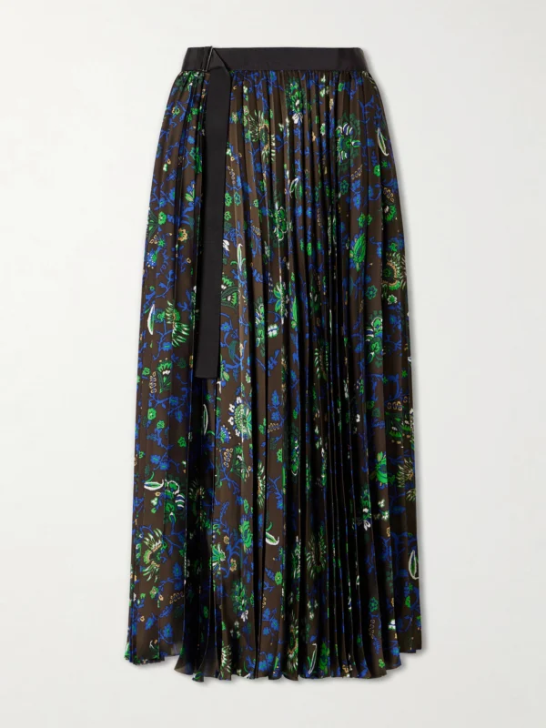 Sacai Belted Grosgrain-trimmed Pleated Floral-print Georgette Midi Skirt