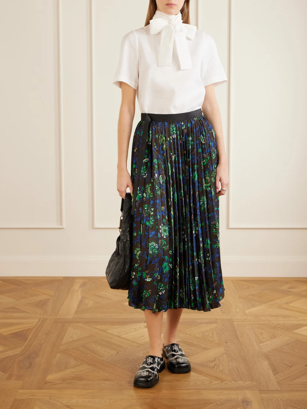 Sacai Belted Grosgrain-trimmed Pleated Floral-print Georgette Midi Skirt, worn by a model