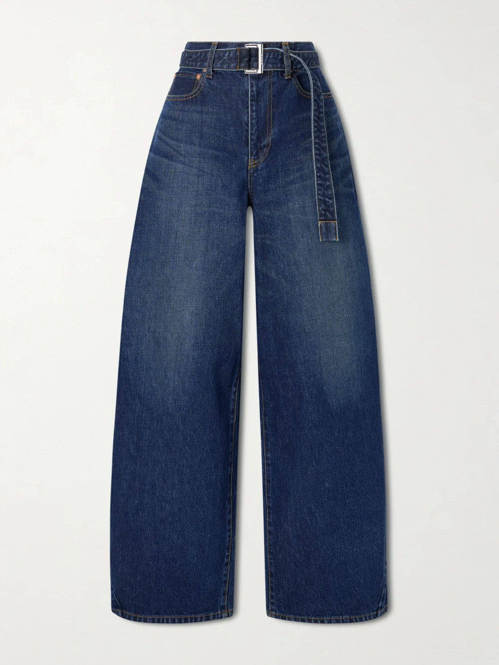 Sacai Belted High-rise Barrel-leg Jeans in dark denim