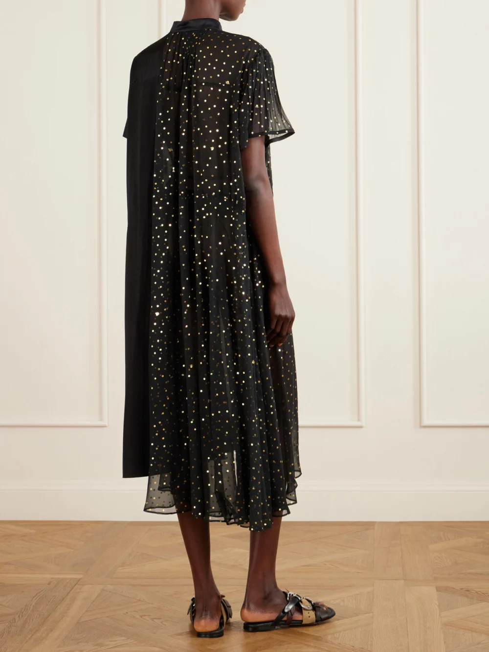 Back view of the Sacai Belted Polka-dot Chiffon and Satin Midi Dress