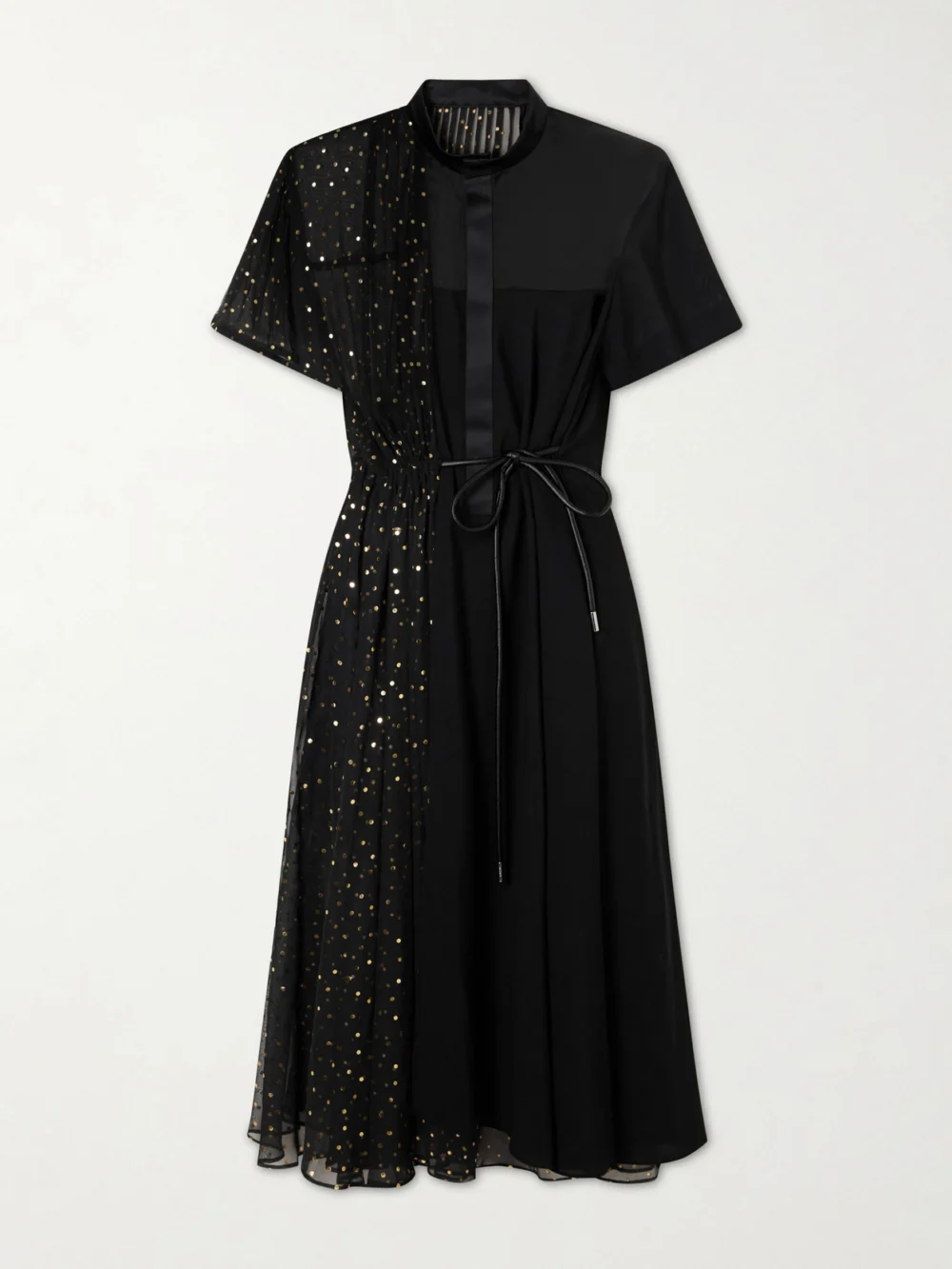 Sacai Belted Polka-dot Chiffon and Satin Midi Dress in black