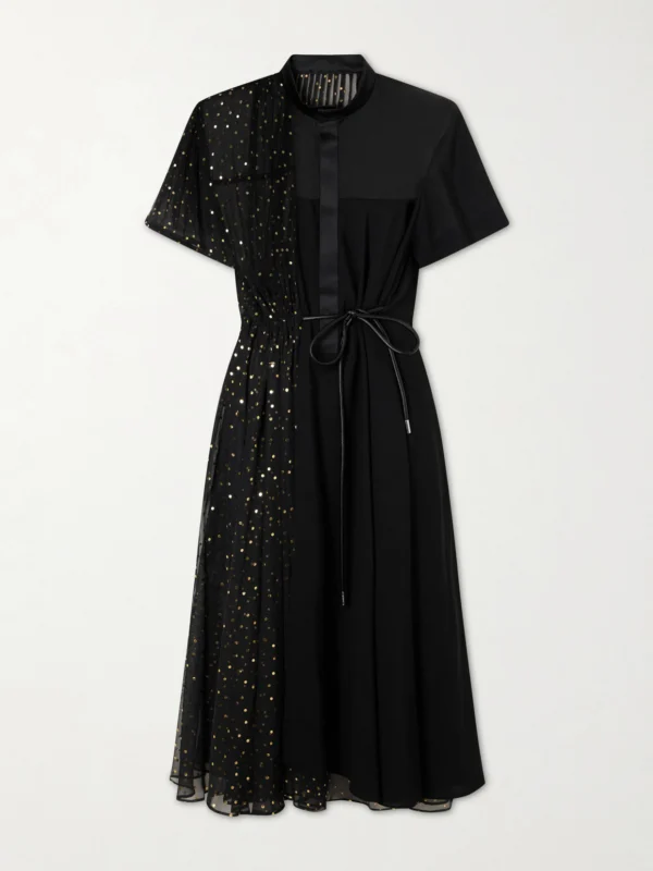 Sacai Belted Polka-dot Chiffon and Satin Midi Dress