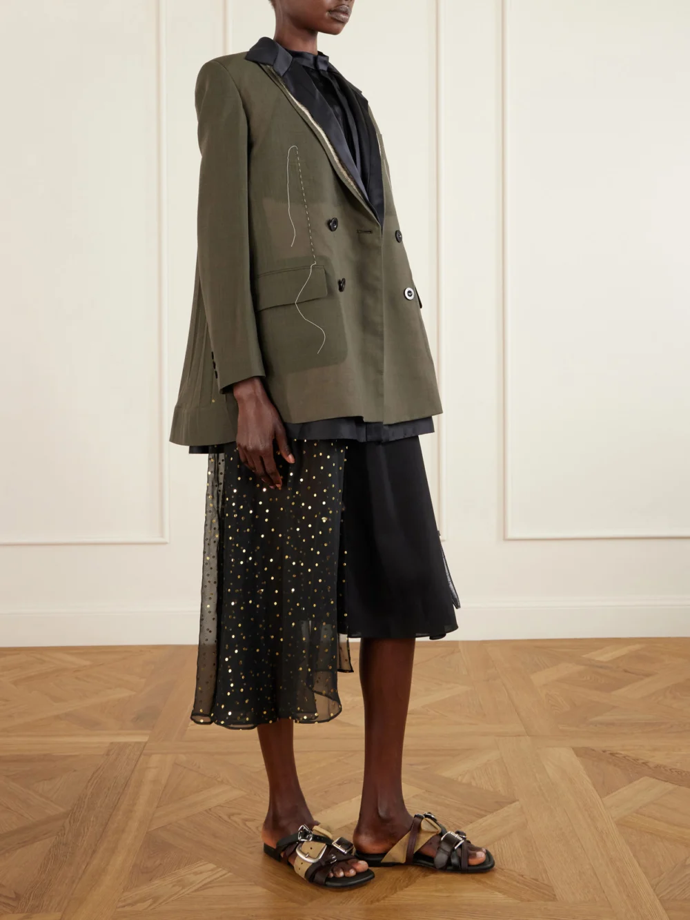 Sacai Belted Polka-dot Chiffon and Satin Midi Dress, worn by a model