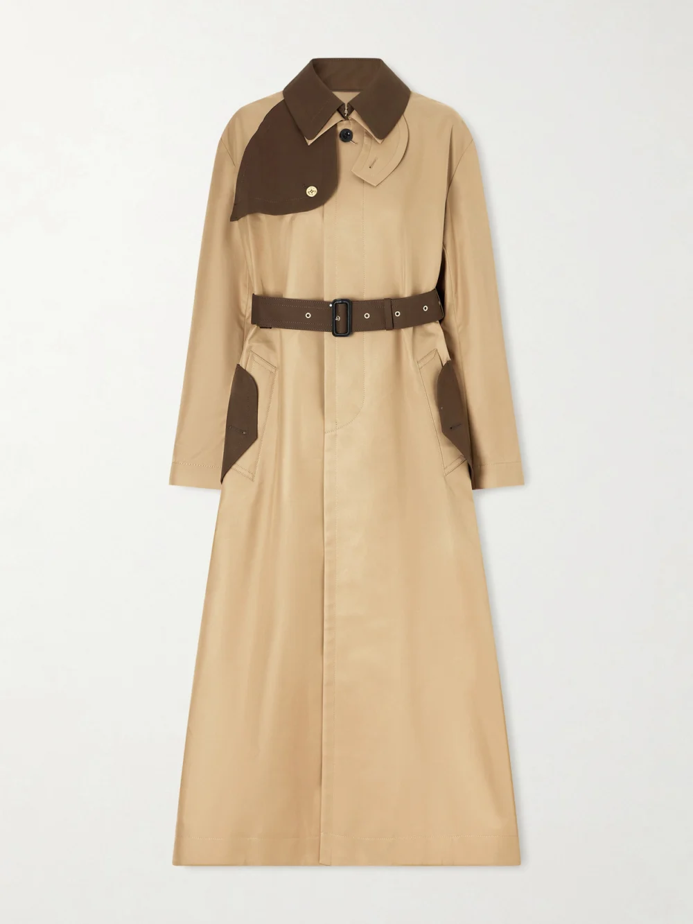 Sacai Belted Two-tone Cotton-blend Gabardine Trench Coat in beige