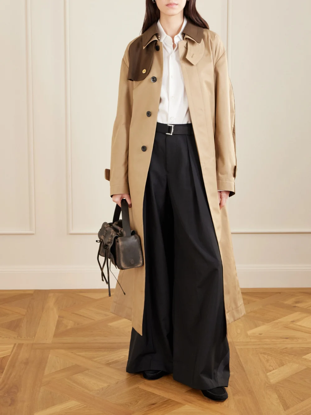 Sacai Belted Two-tone Cotton-blend Gabardine Trench Coat, worn by a model