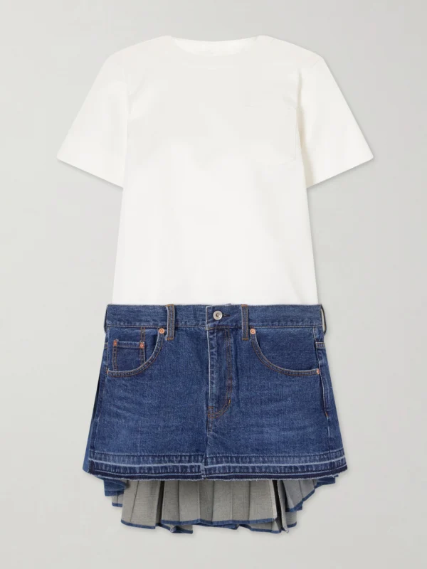 Sacai Cape-effect Pleated Cotton and Silk-blend Jersey and Denim Mini Dress