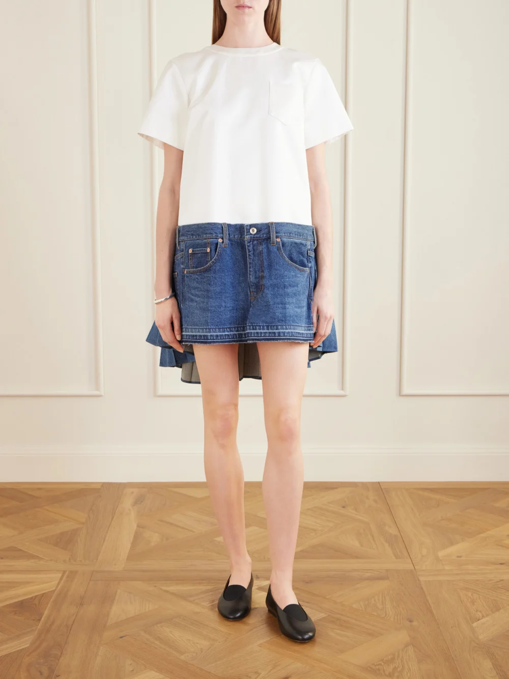 Sacai Cape-effect Pleated Cotton and Silk-blend Jersey and Denim Mini Dress, worn by a model