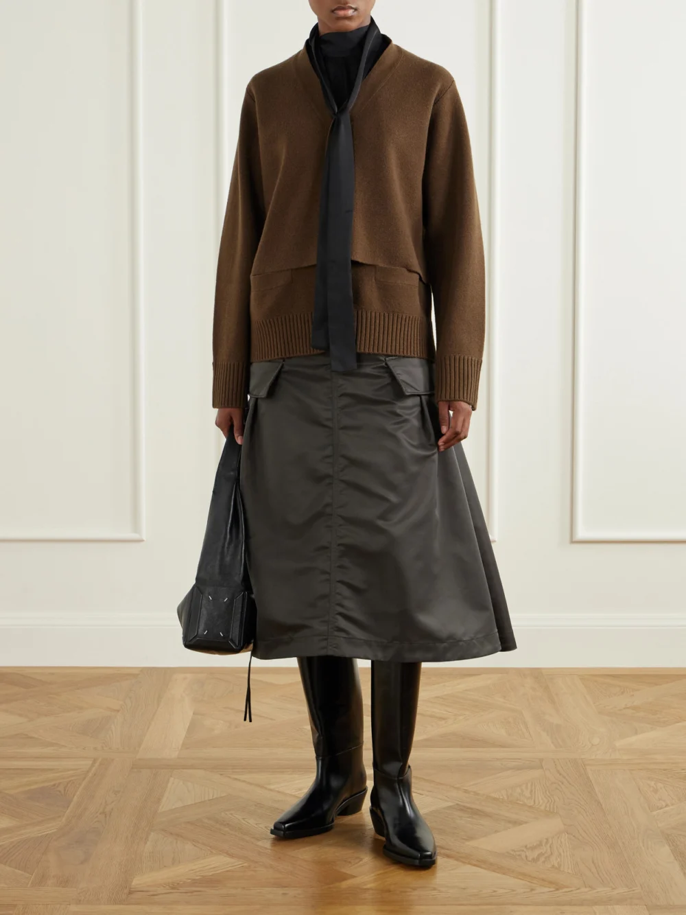 Sacai Cargo Pleated Shell-twill Midi Skirt, worn by a model