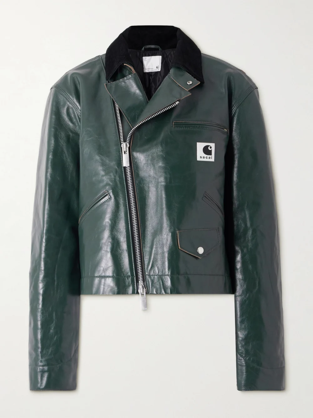 Sacai + Carhartt Wip Cotton Corduroy-trimmed Leather Biker Jacket in green