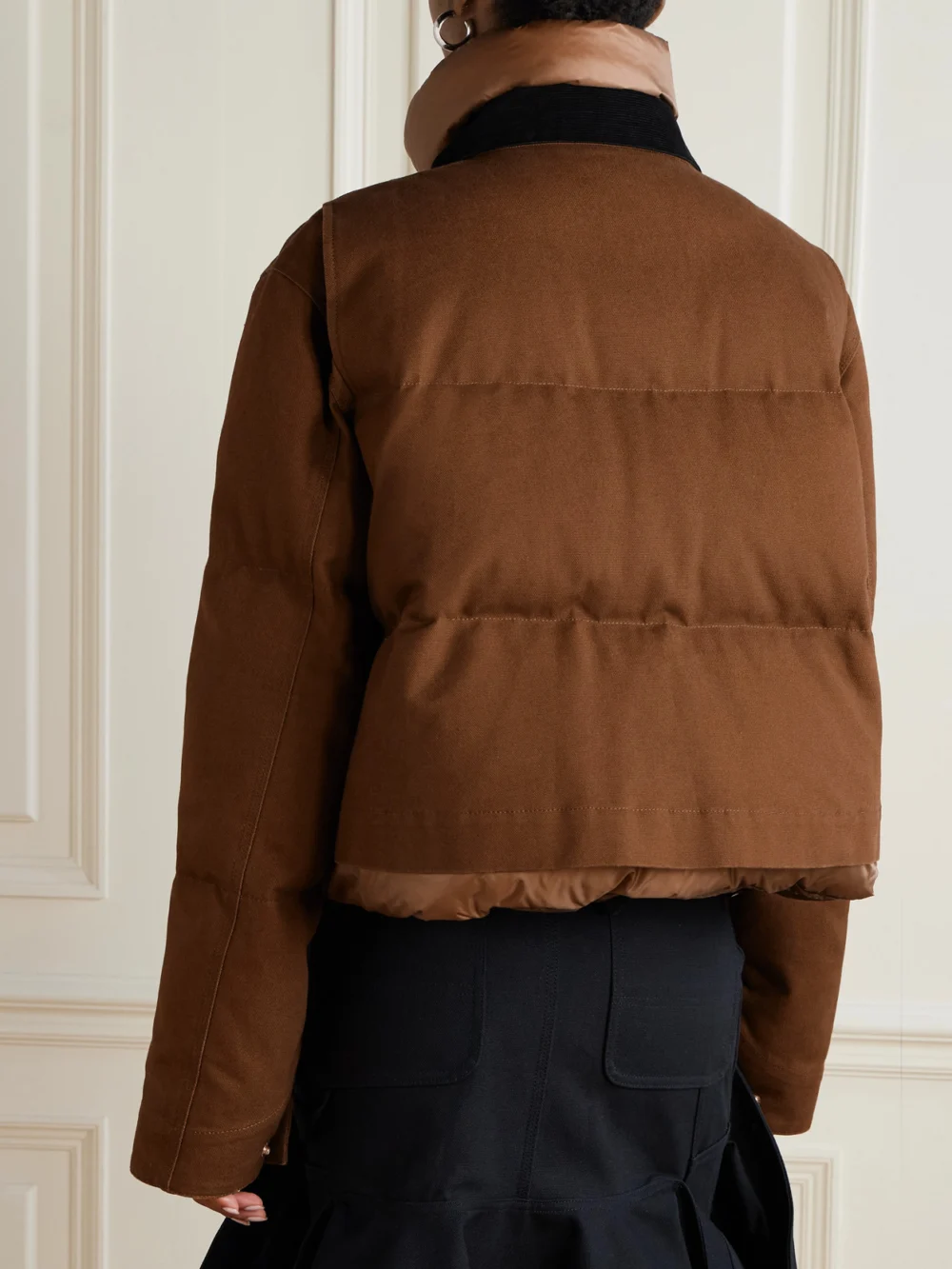 Back view of the Sacai + Carhartt Wip Cropped Corduroy-trimmed Quilted Shell and Cotton-canvas Down Jacket