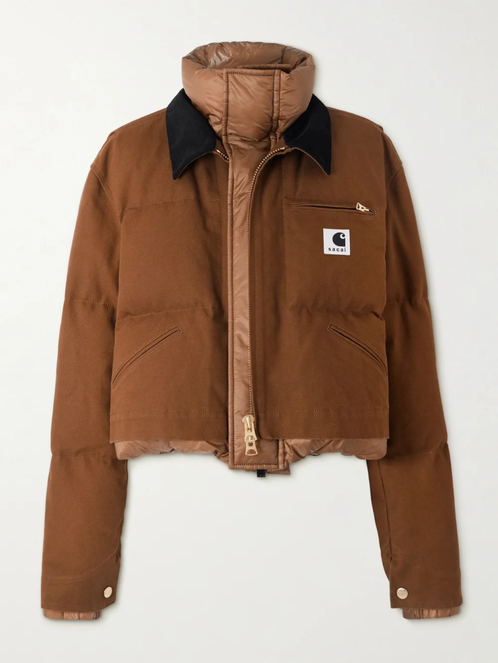 Sacai + Carhartt Wip Cropped Corduroy-trimmed Quilted Shell and Cotton-canvas Down Jacket in brown