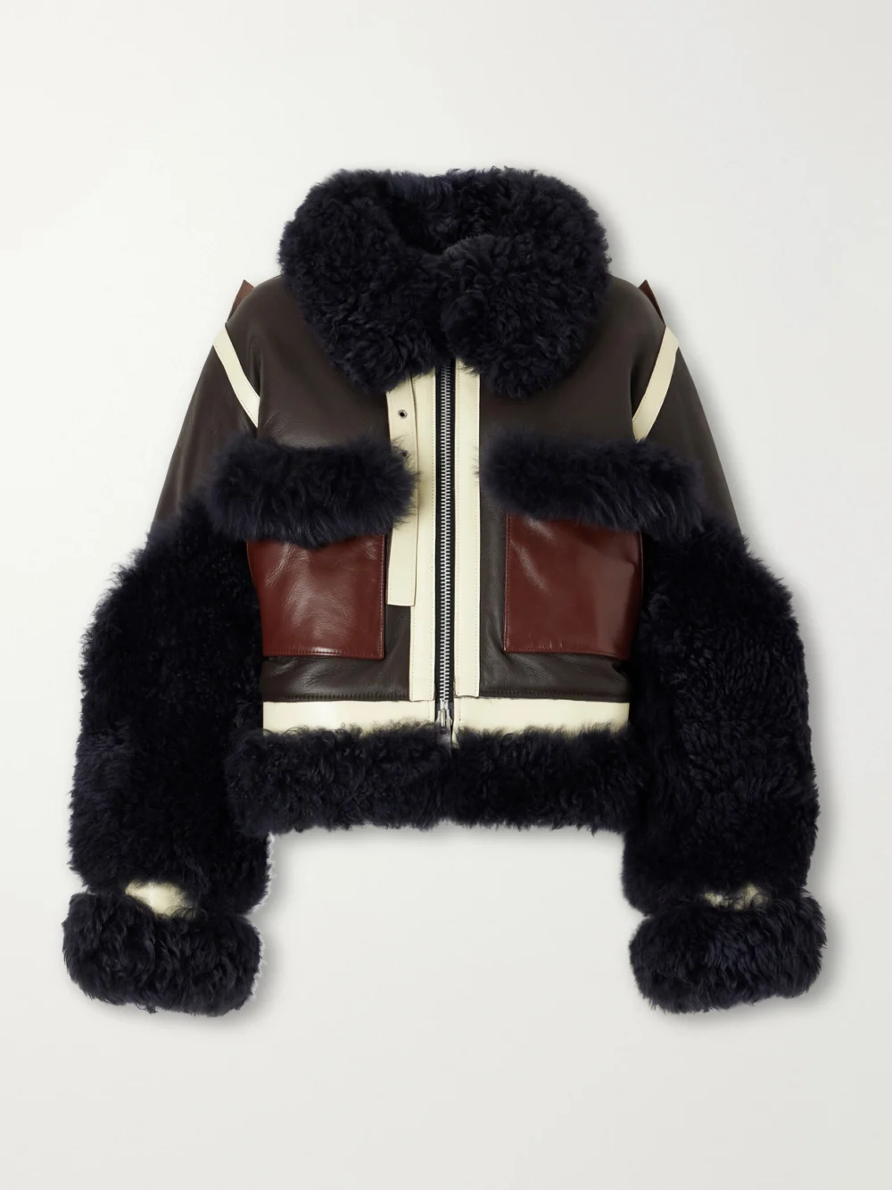 Sacai Color-block Shearling-trimmed Leather Jacket in multi