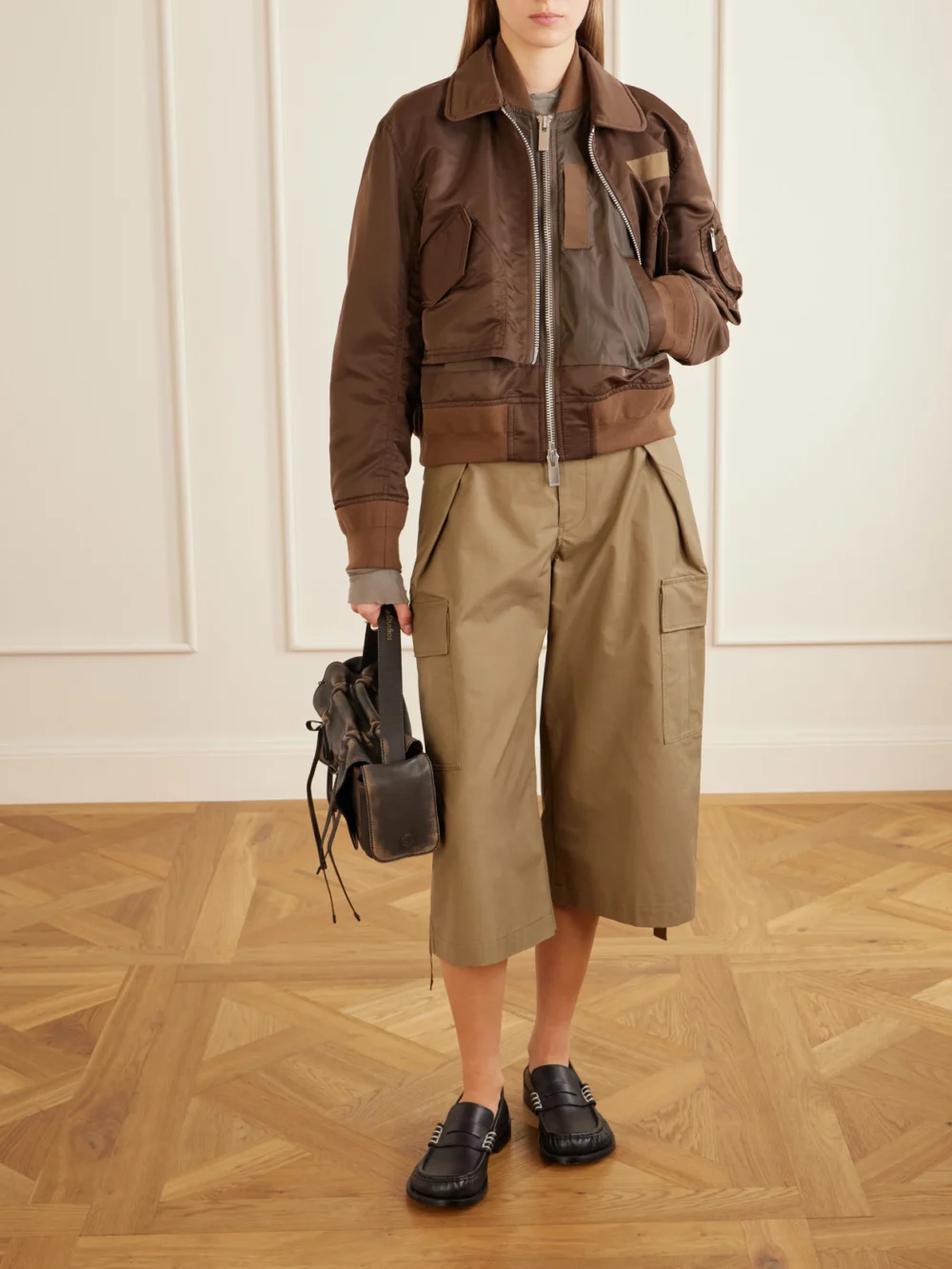 Sacai Cropped Padded Shell Bomber Jacket, worn by a model