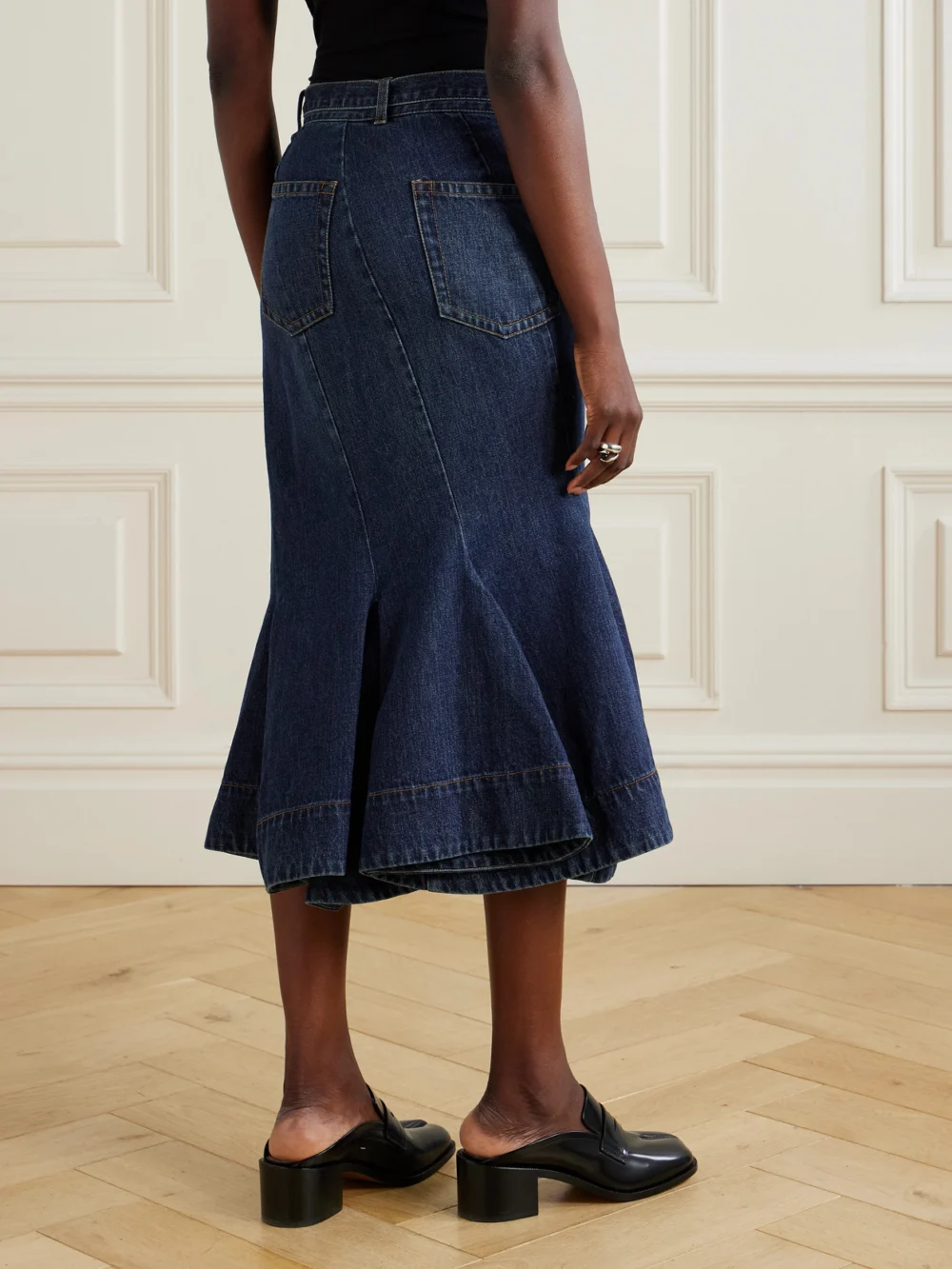 Back view of the Sacai Denim Midi Skirt