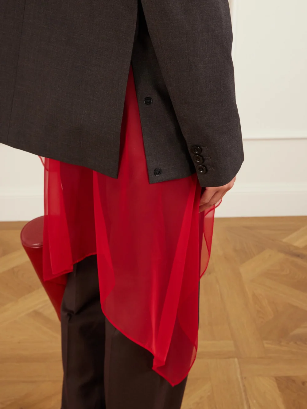 Close-up detail of the Sacai Double-breasted Chiffon-trimmed Wool Blazer