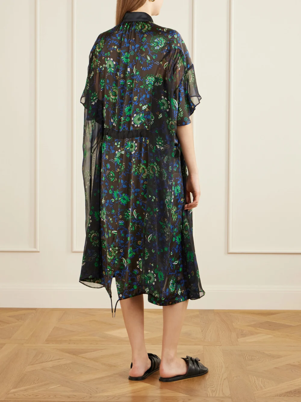 Back view of the Sacai Floral-print Satin Midi Dress