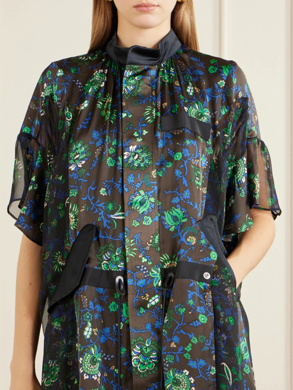 Close-up detail of the Sacai Floral-print Satin Midi Dress