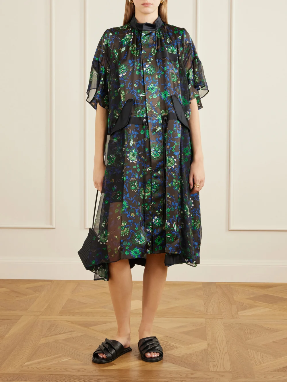 Sacai Floral-print Satin Midi Dress, worn by a model