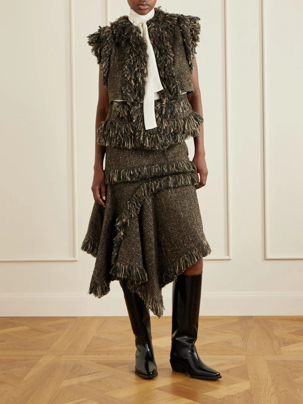 Sacai Fringed Wool-blend Tweed Midi Skirt, worn by a model