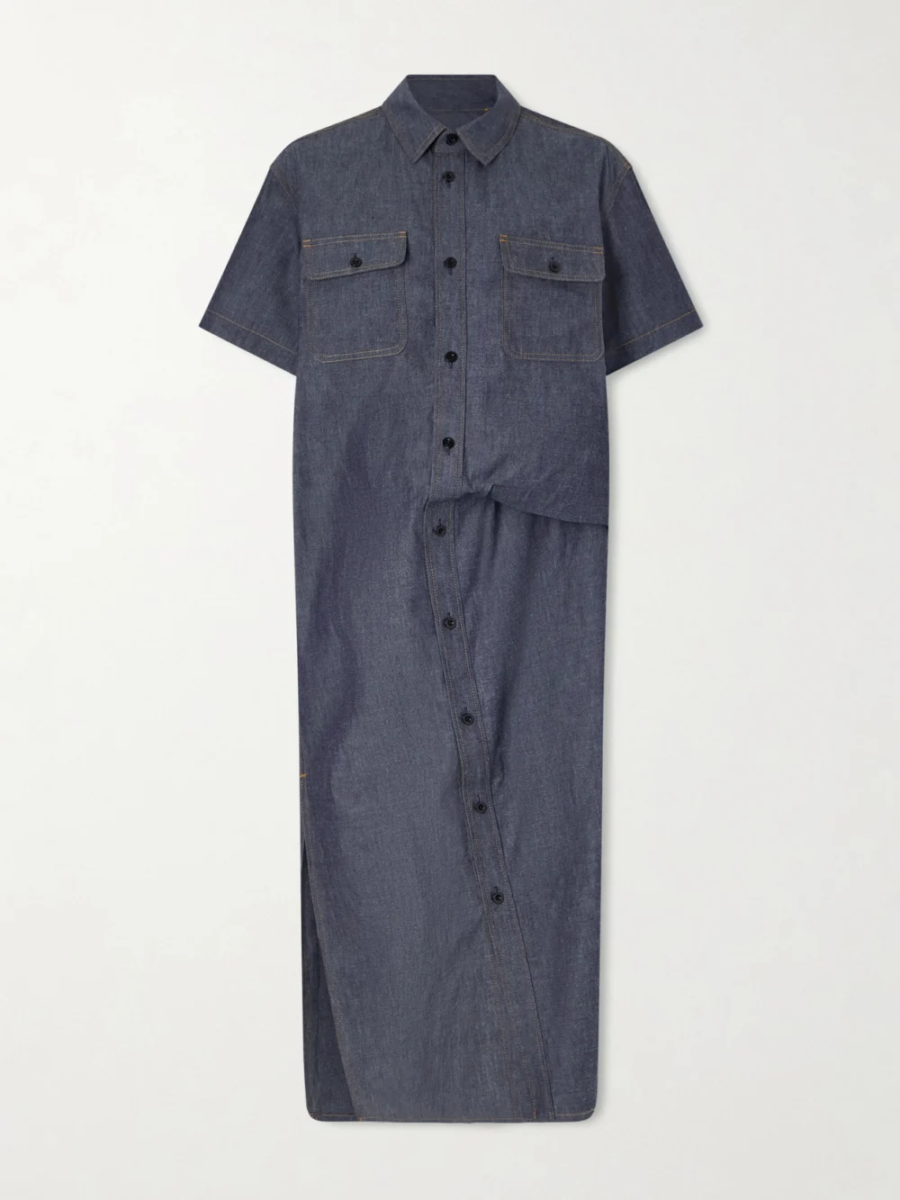 Sacai Gathered Denim Midi Dress in dark denim