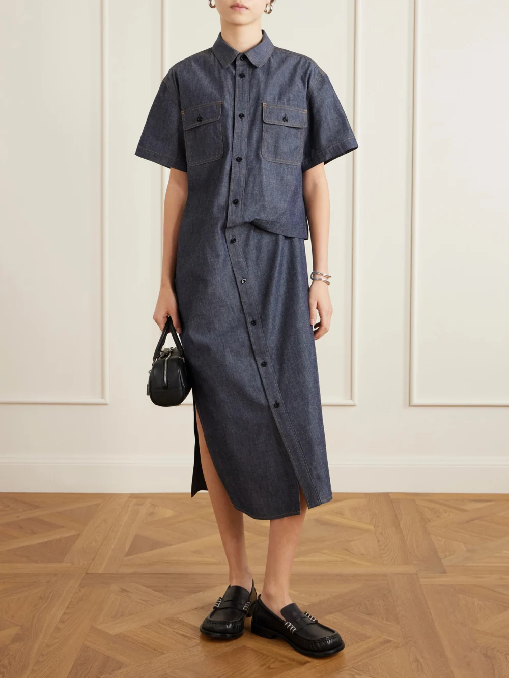 Sacai Gathered Denim Midi Dress, worn by a model